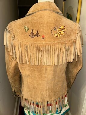 RARE! AUTHENTIC 70s sz 4-6 TAN Fringed PIG Suede Western Jacket With embroidery